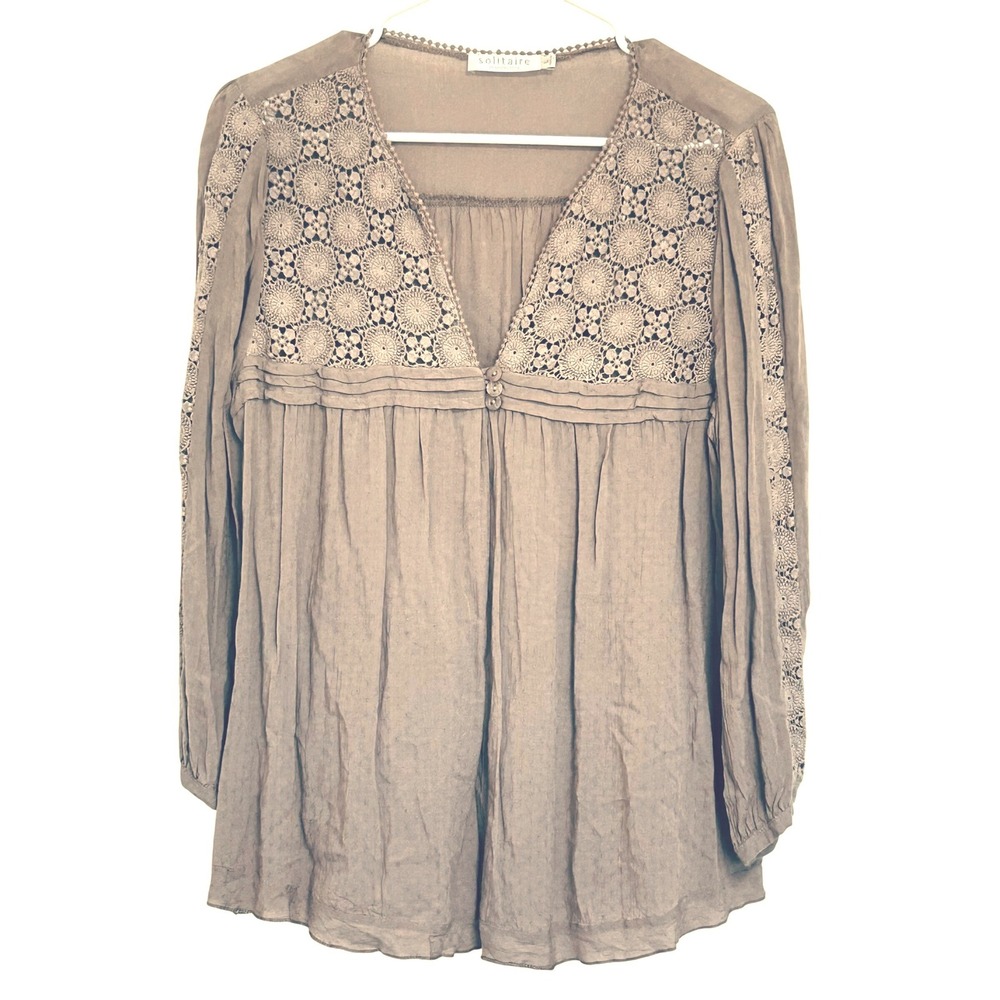 Solitaire Ravi Khosha crochet BOHO chic tan top rayon cotton lightweight tunic L